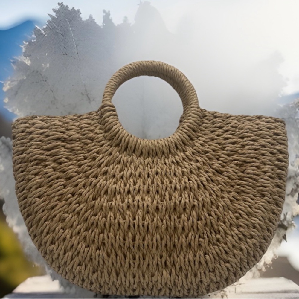 Rattan Straw Boho Bag Tote Round Handle With Drawstring Liner